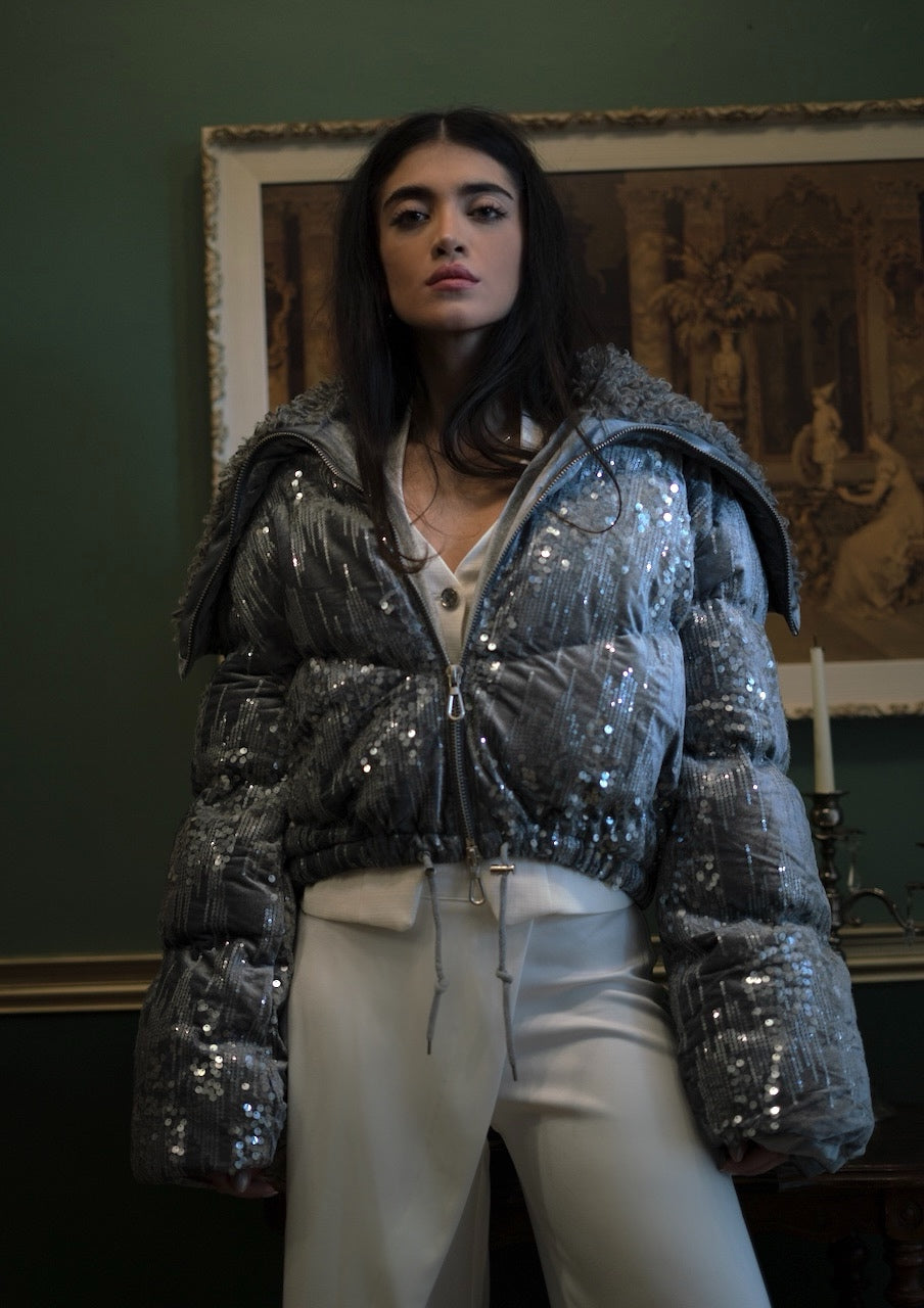 LUNA Velvet Sequinned Puff Jacket in Gray